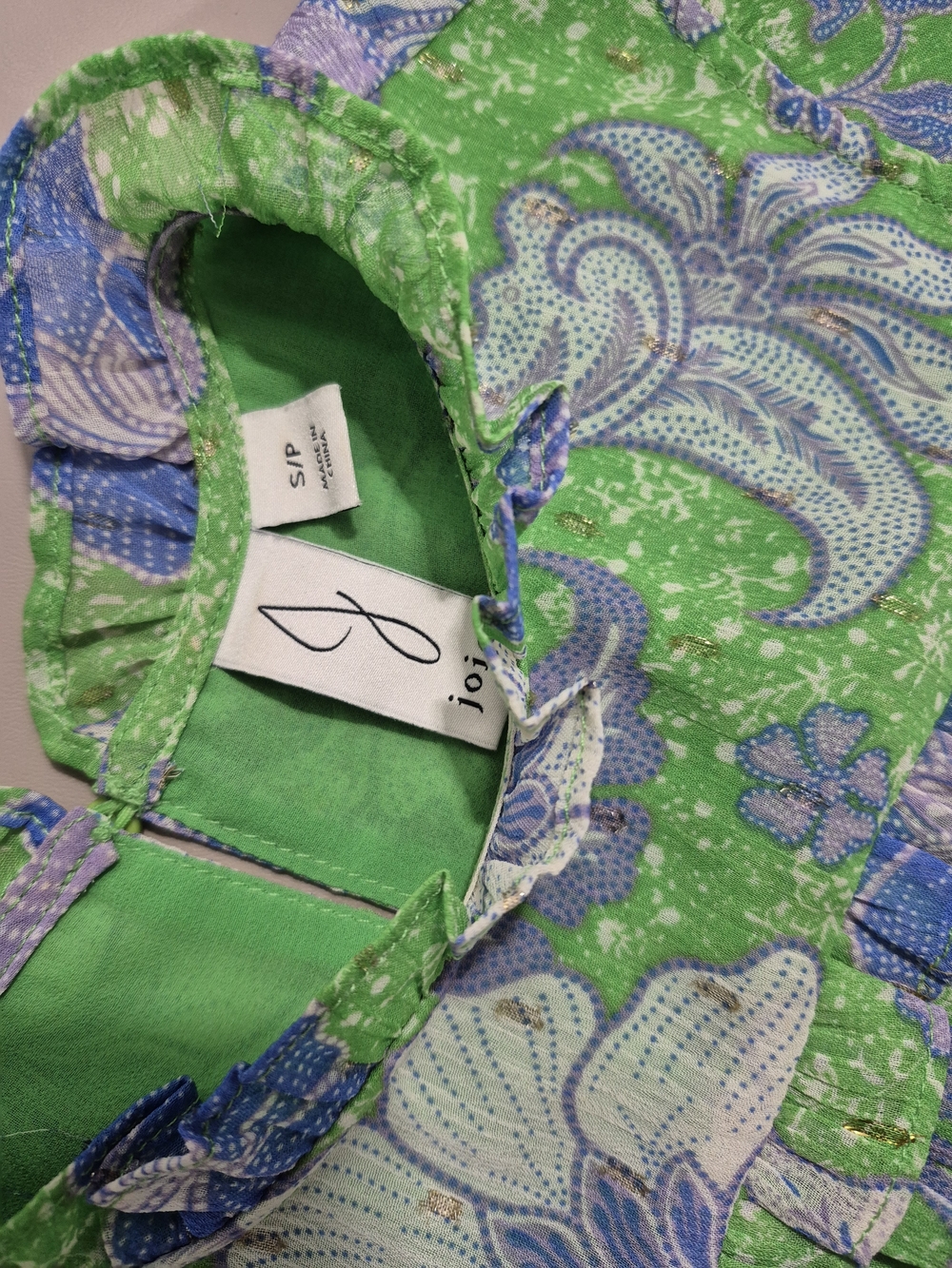 Joie Floral Blouse Green Blue Ruffle Short Sleeve Women’s Petite Small - Picture 5 of 5